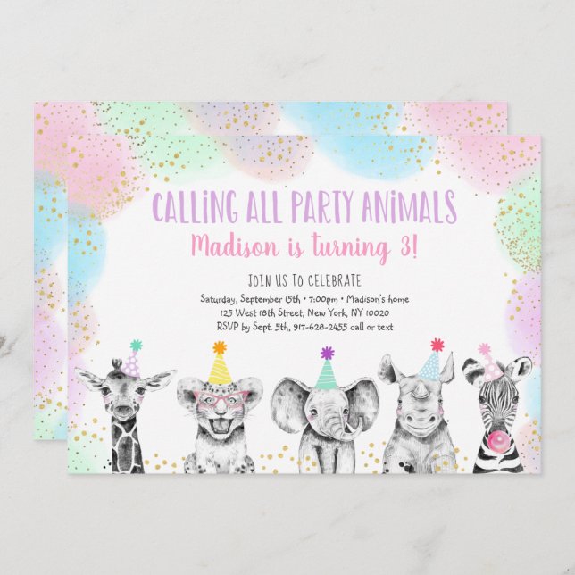 Party Animals Girl Safari Birthday Invitation (Front/Back)