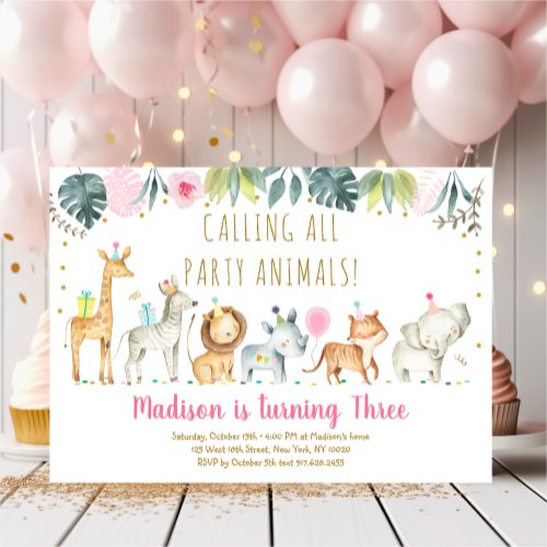 Party Animals Girl Safari Birthday Invitation