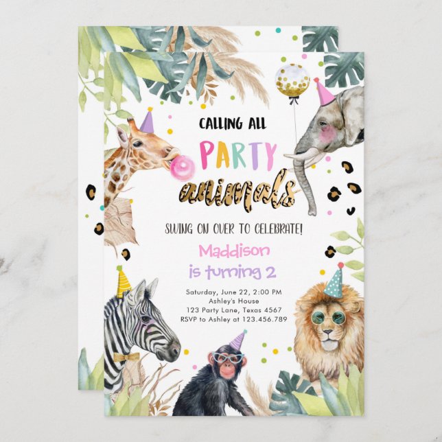 Party Animals Girl Safari Birthday Jungle Zoo Invitation (Front/Back)