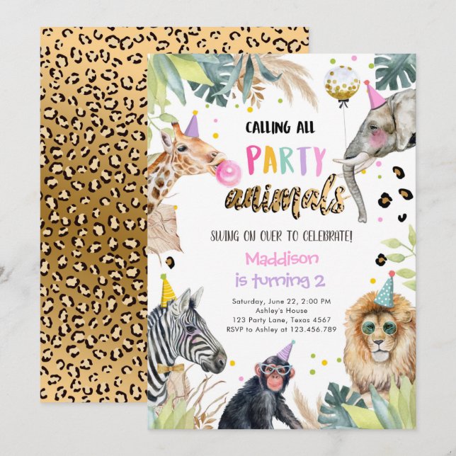 Party Animals Girl Safari Birthday Leopard Zoo Invitation (Front/Back)