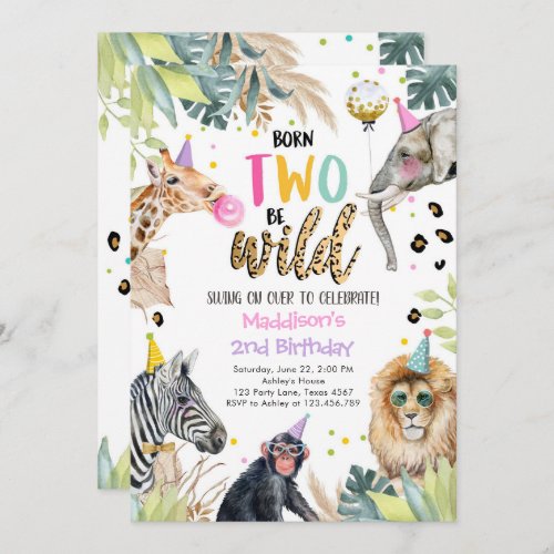 Party Animals Girl Safari Two Wild 2nd Birthday Invitation