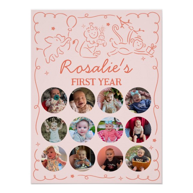 Party Animals Girl's First Birthday Photo Collage Poster (Front)