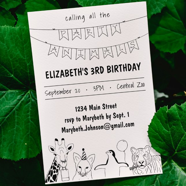 Party Animals Hand Drawn Doodle Kid's Birthday Invitation (calling all party animals kid's birthday invitation custom hand drawn doodle cute bday party )