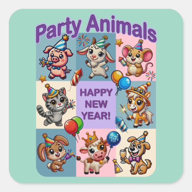 Party Animals "Happy New Year" Square Sticker (Front)