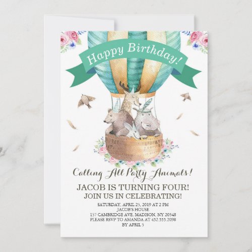 Party Animals Hot Air Balloon Happy Birthday Invitation