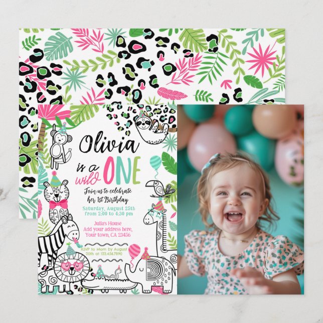 Party Animals, Jungle Safari 1st Birthday Invitation (Front/Back)