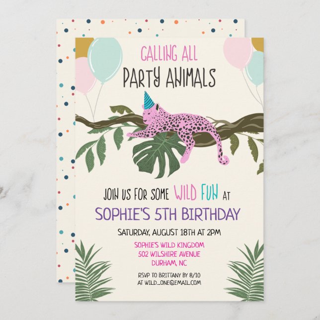 Party Animals Jungle Zoo Birthday Invitation Girl (Front/Back)