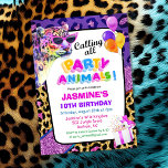 Party Animals Jungle Zoo Birthday Invitation Girl<br><div class="desc">Wild Kingdom Colorful Jungle Zoo Party Animals Birthday Party Confetti Glitter Animal Print Sunglasses Cool Cat Leopard Balloons Invitation Girl</div>