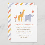 Party Animals Kids Birthday Invitation<br><div class="desc">Calling all party animals! Celebrate your little one's birthday with this colorful invitation,  featuring a party-going flamingo,  giraffe and elephant and a bold stripe pattern on the back.</div>