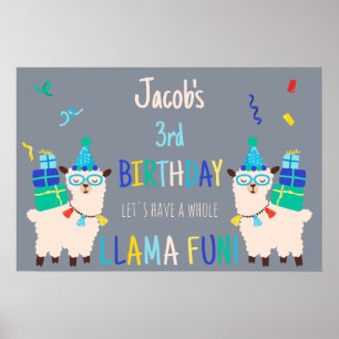 Party Animals Llama Birthday Boys Gray Poster