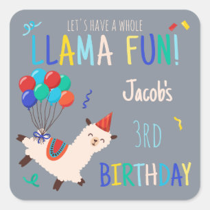 Party Animals Llama Birthday Boys Gray Square Sticker