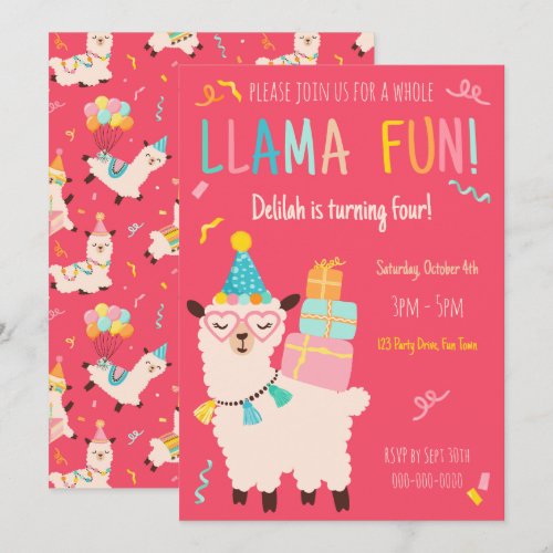 Party Animals Llama Birthday Girls Pink Invitation