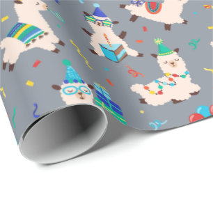 Party Animals Llama Birthday Party Gray Wrapping Paper