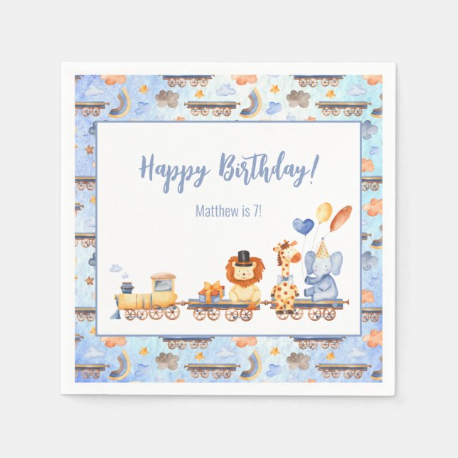 Party Animals on Train Kid Jungle Happy Birthday Napkins (Front)