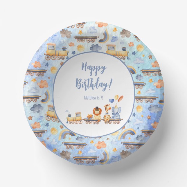 Party Animals on Train Kid Jungle Happy Birthday Paper Bowls (Front)