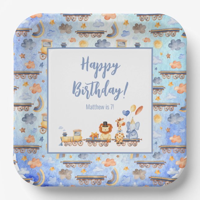 Party Animals on Train Kid Jungle Happy Birthday Paper Plates (Front)