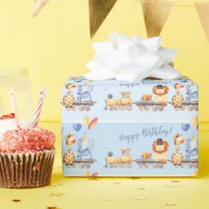Party Animals on Train Kid Jungle Happy Birthday Wrapping Paper