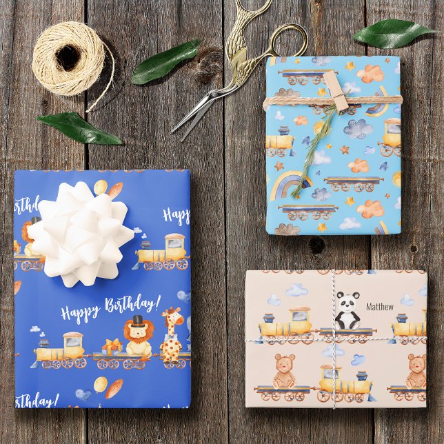 Party Animals on Train Kid Jungle Happy Birthday Wrapping Paper Sheets (Creator Uploaded)