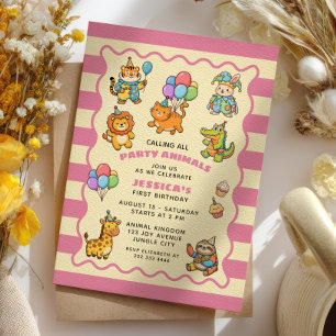 Party Animals Pink Baby Girl First Birthday Party Invitation