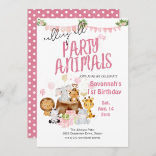 Party Animals Pink Birthday Invitation