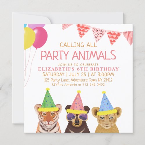 Party Animals Pink Birthday  Invitation