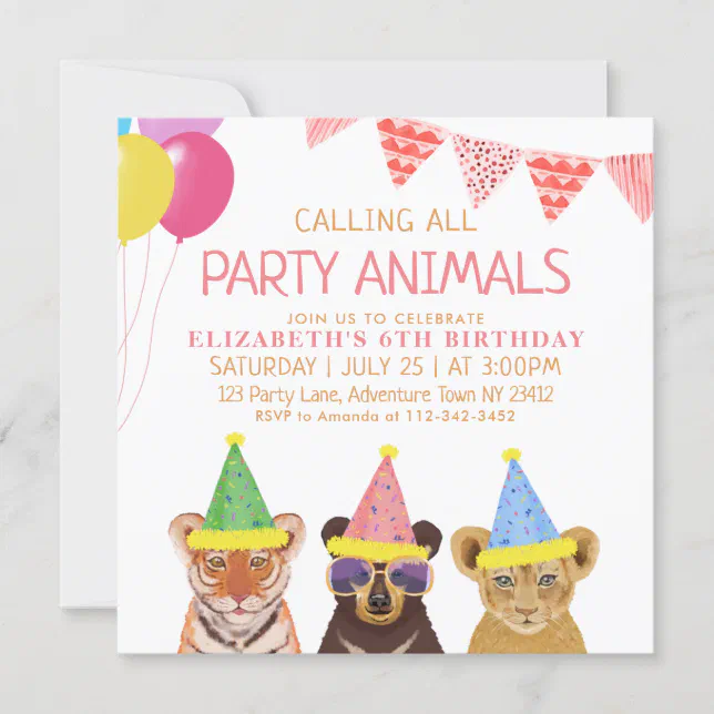 Party Animals Pink Birthday Invitation | Zazzle