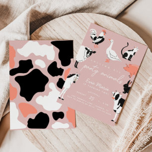 Party Animals Pink Kids Cow Print Farm Animals Invitation