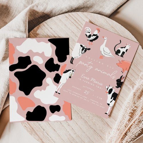 Party Animals  Pink Kids Cow Print Farm Animals Invitation