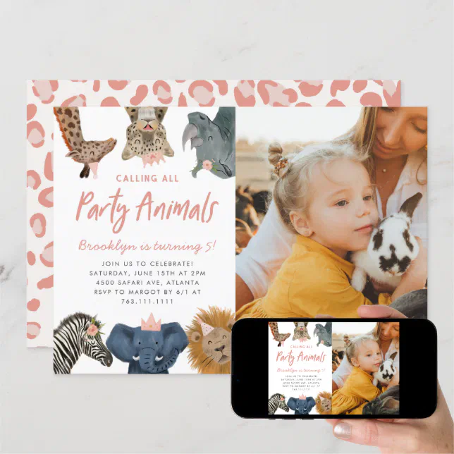 Party Animals Pink Safari Birthday Photo Invitation 