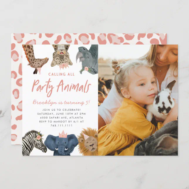 Party Animals Pink Safari Birthday Photo Invitation | Zazzle