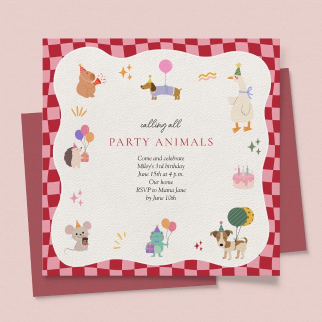 Party Animals Retro Minimalist Birthday Invitation (Calling All Party Animals Birthday Invitation Retro Minimalist Zoo Animals Safari Jungle Cute)