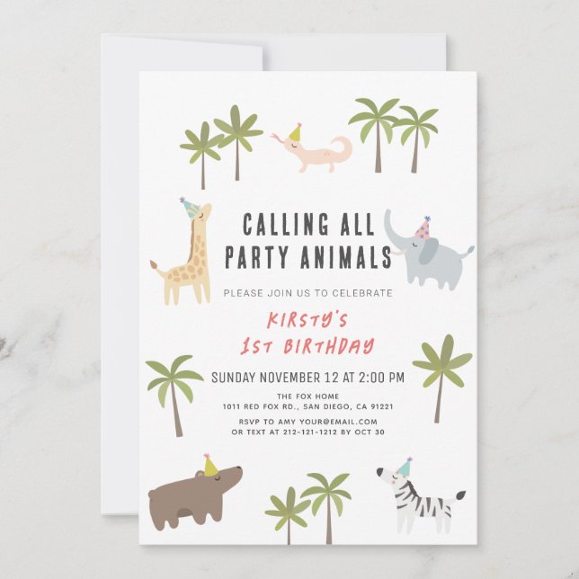 Party Animals Safari 1st Birthday Invitation (Front)