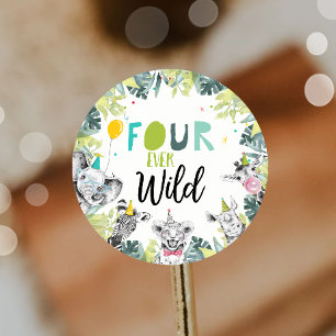 Party Animals Safari Boy Four Ever Wild Birthday Classic Round Sticker