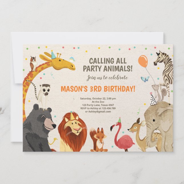 Party Animals Safari Girl Boy Animals Birthday Invitation (Front)