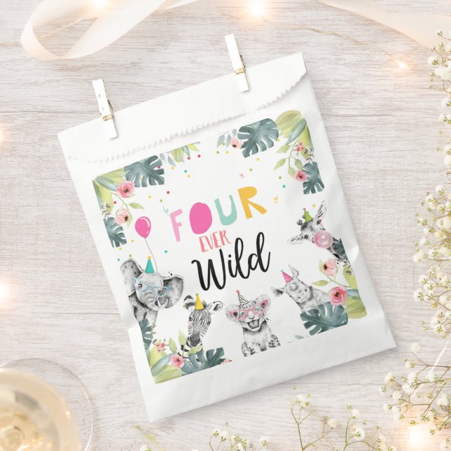 Party Animals Safari Girl Four Ever Wild Birthday Favor Bag (Clipped)
