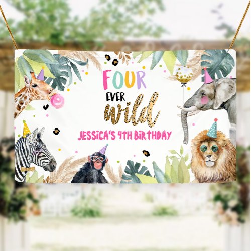 Party Animals Safari Girl Fourth Birthday Backdrop Banner