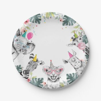 Party Animals Safari Girl Pink Birthday Party Pape Paper Plates by Anietillustration at Zazzle