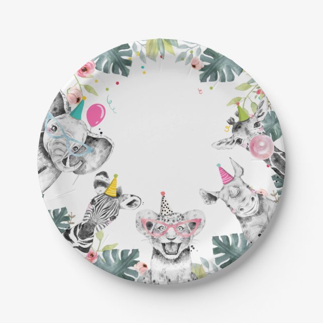 Party Animals Safari Girl Pink Birthday Party Pape Paper Plates (Front)