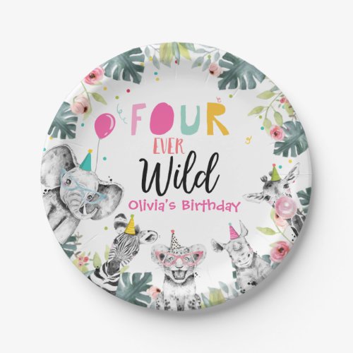 Party Animals Safari Girl Pink Four Wild Birthday Paper Plates