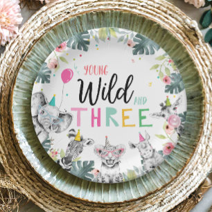 Party Animals Safari Girl Pink Third Birthday Paper Plates