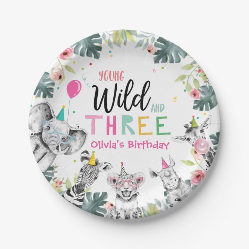 Party Animals Safari Girl Pink Third Birthday Paper Plates
