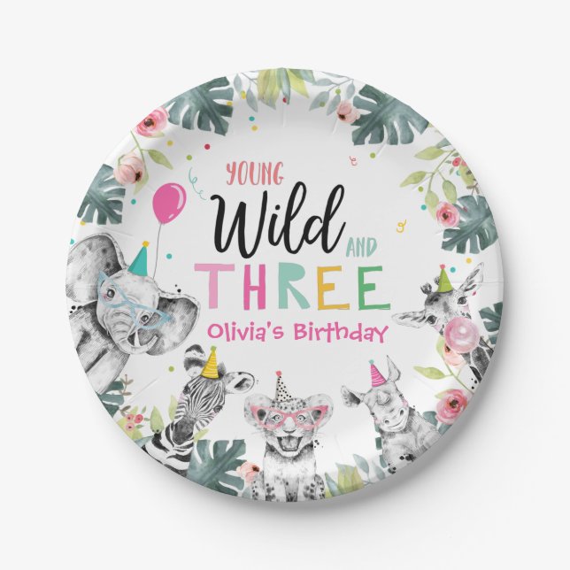 Party Animals Safari Girl Pink Third Birthday Paper Plates (Front)