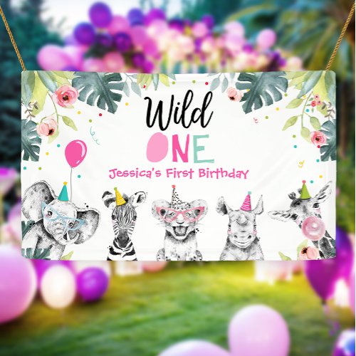 Party Animals Safari Girl Pink Wild One Backdrop Banner