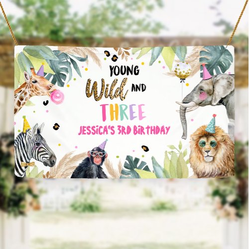 Party Animals Safari Girl Third Birthday Backdrop Banner