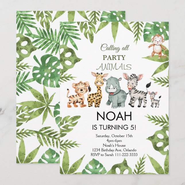 Party Animals Safari Jungle Birthday Invitation (Front/Back)