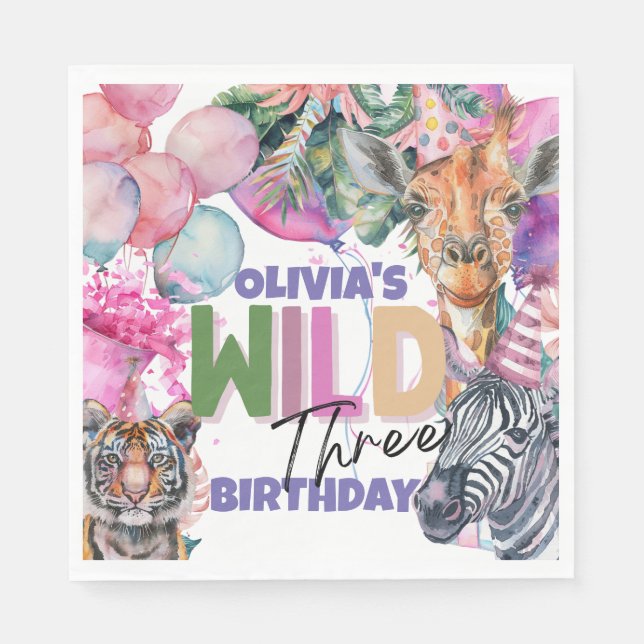 Party Animals Safari Jungle Wild Three Birthday  Napkins (Front)
