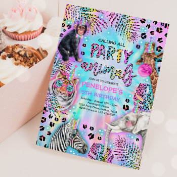 Party Animals Safari Neon Rainbow Cheetah Birthday Invitation by PixelPerfectionParty at Zazzle