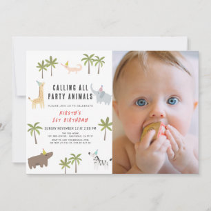 Party Animals Safari Photo 1st Birthday Invitation