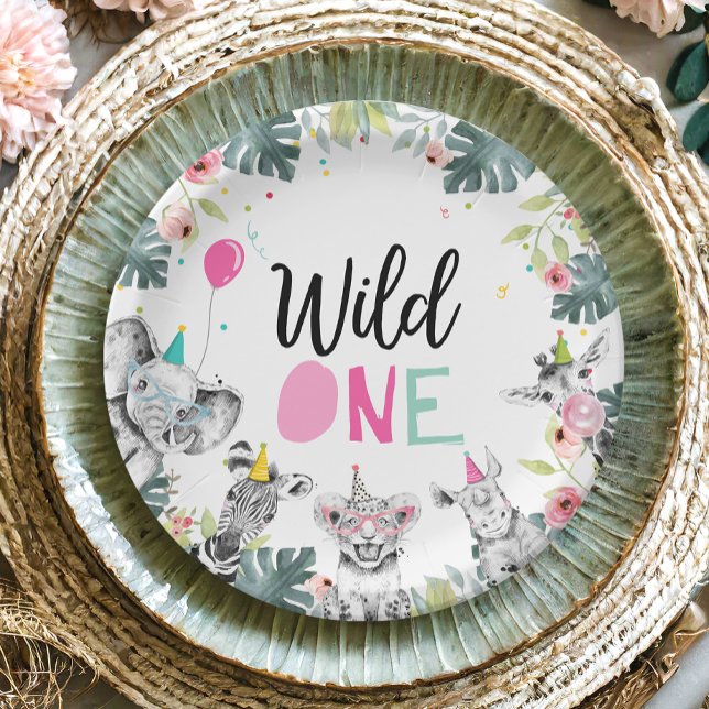 Party Animals Safari Wild One Girl First Birthday Paper Plates (Creator Uploaded)