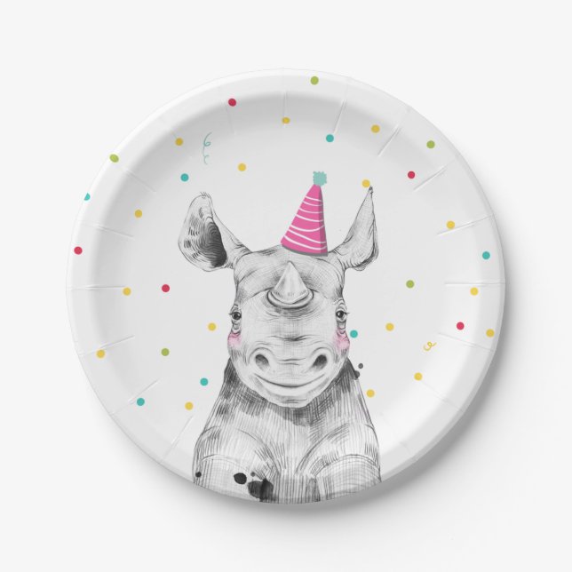Party Animals Safari Wild One Rhino Zoo Birthday Paper Plates (Front)